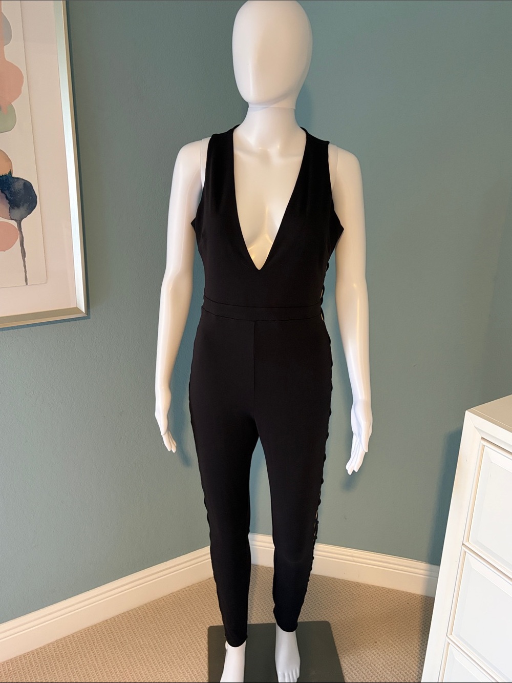 bebe Black Deep V-Neck Sleeveless Jumpsuit
